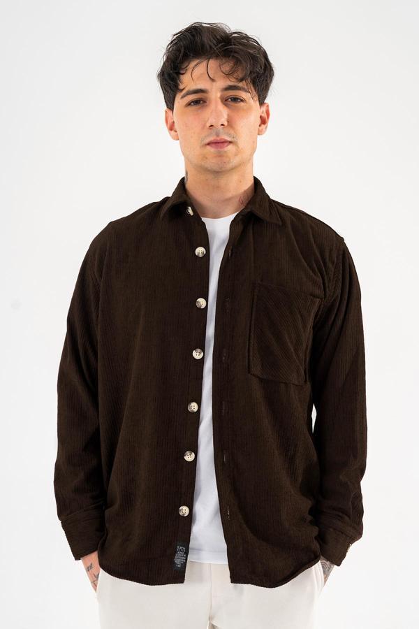 Erkek Fitilli Kadife Gömlek Kahverengi Rahat Kesim Tek cepli - Image 1