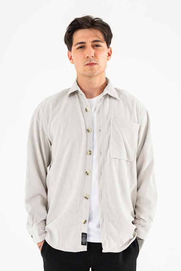 Erkek Fitilli Kadife Gömlek Taş Rengi Rahat Kesim Tek cepli - Image 1