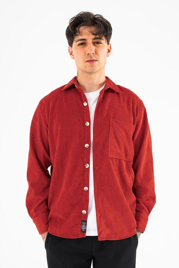 Erkek Fitilli Kadife Gömlek Kiremit Rahat Kesim Tek cepli - Image 1
