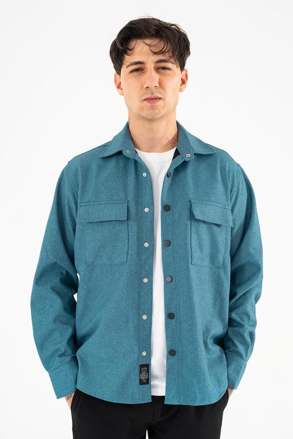 Erkek Gömlek Ceket Petrol Mavisi Regular Fit Çıtçıtlı - Image 1