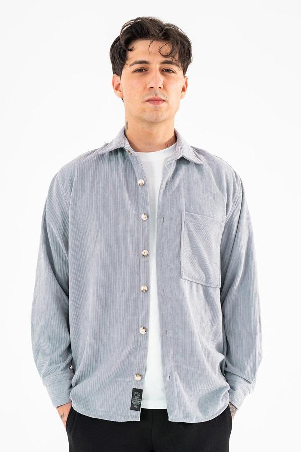 Erkek Fitilli Kadife Gömlek Açık Gri Rahat Kesim Tek cepli - Image 1