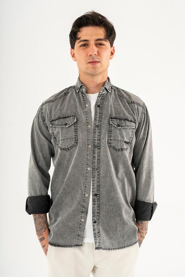 Erkek Kot Gömlek Slim Fit Dar Kesim Füme Çift Cepli Çıtçıtlı Yıkamalı - Image 1