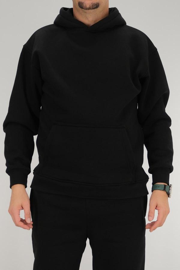 Erkek Oversize Kapüşonlu Sweatshirt Kanguru Cep Siyah 3 İplik Şardonlu - Image 1