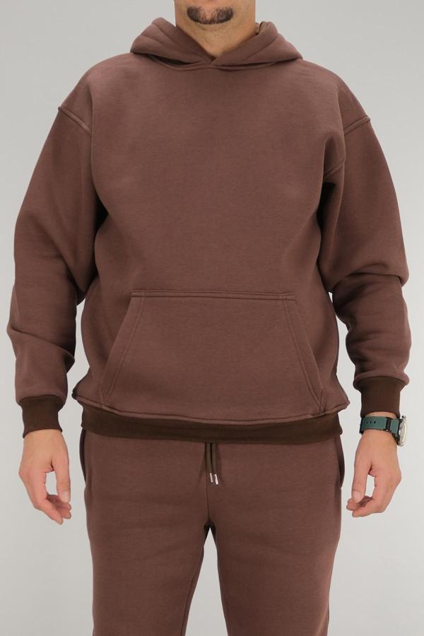 Erkek Oversize Kapüşonlu Sweatshirt Kanguru Cep Kahverengi 3 İplik Şardonlu - Image 1