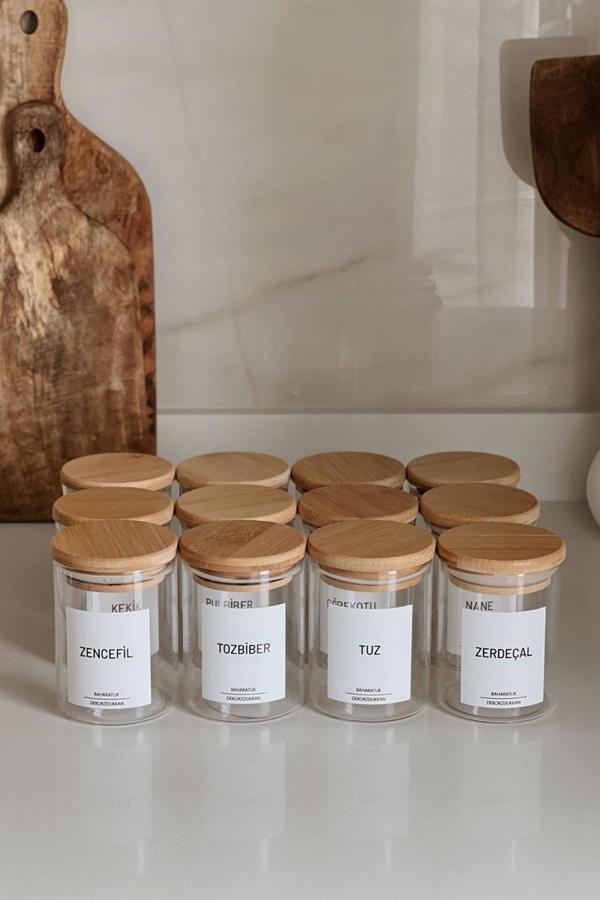 Dekorz Dükkan 12'Li Bambu Vakum Kapaklı Cam Kavanoz Baharatlık (25 Adet Etiket) - Image 1