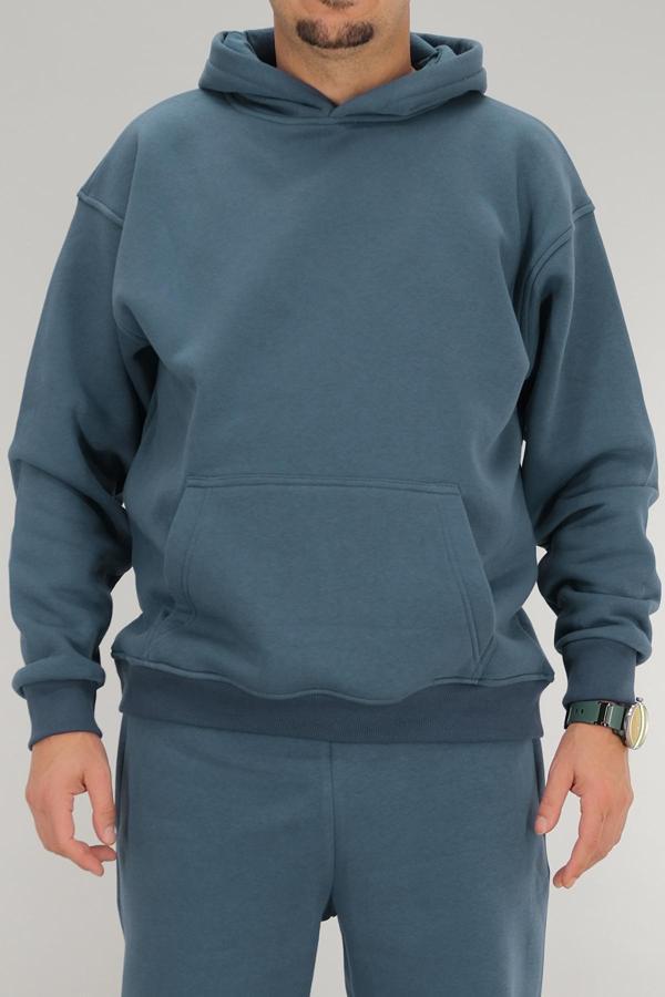 Erkek Oversize Kapüşonlu Sweatshirt Kanguru Cep Petrol Mavisi 3 İplik Şardonlu - Image 1