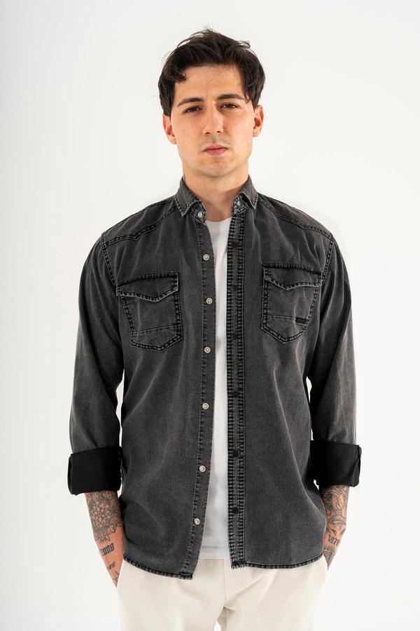 Erkek Kot Gömlek Slim Fit Dar Kesim Siyah Çift Cepli Çıtçıtlı Yıkamalı - Image 1