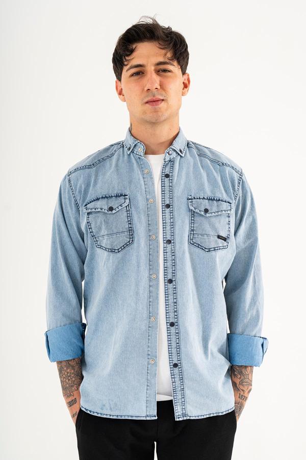 Erkek Kot Gömlek Slim Fit Dar Kesim Buz Mavisi Çift Cepli Çıtçıtlı Yıkamalı - Image 1