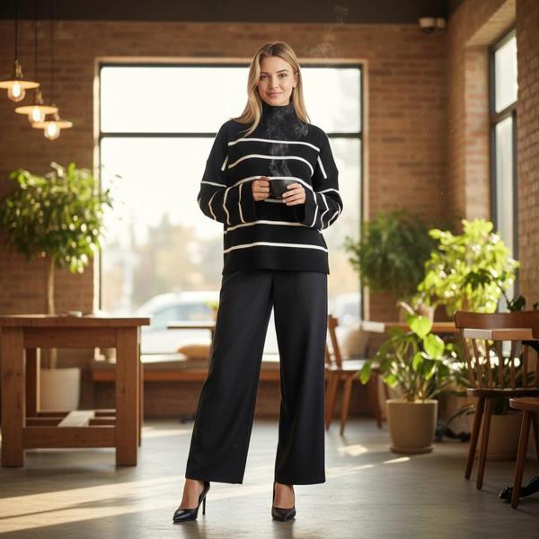 BİÇOMİ Çizgili ispanyol kol triko boğazlı kazak siyah elf - Image 1