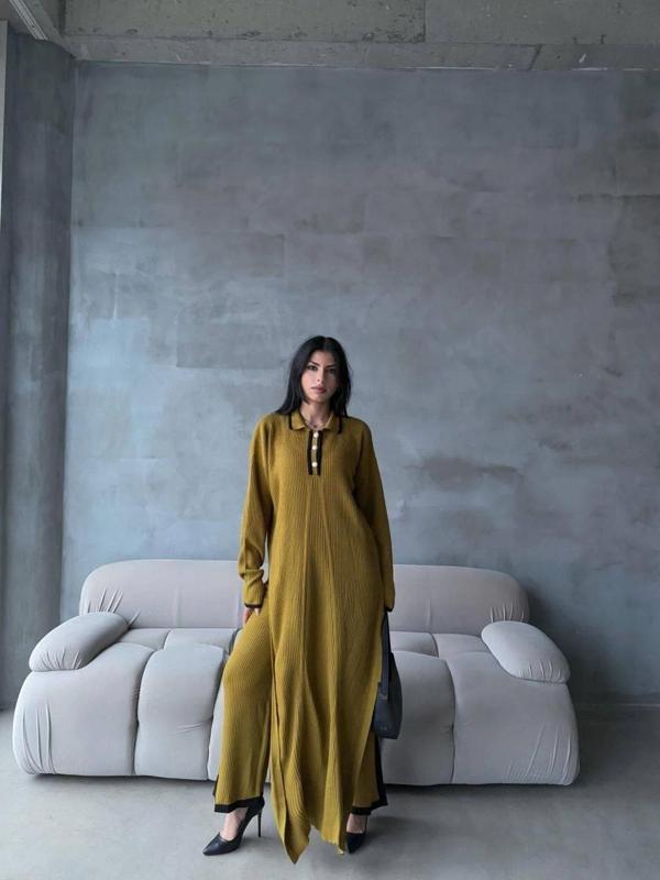 BİÇOMİ Pantolon yırtmaçlı elbise ikili triko takım yeşil elf - Image 1