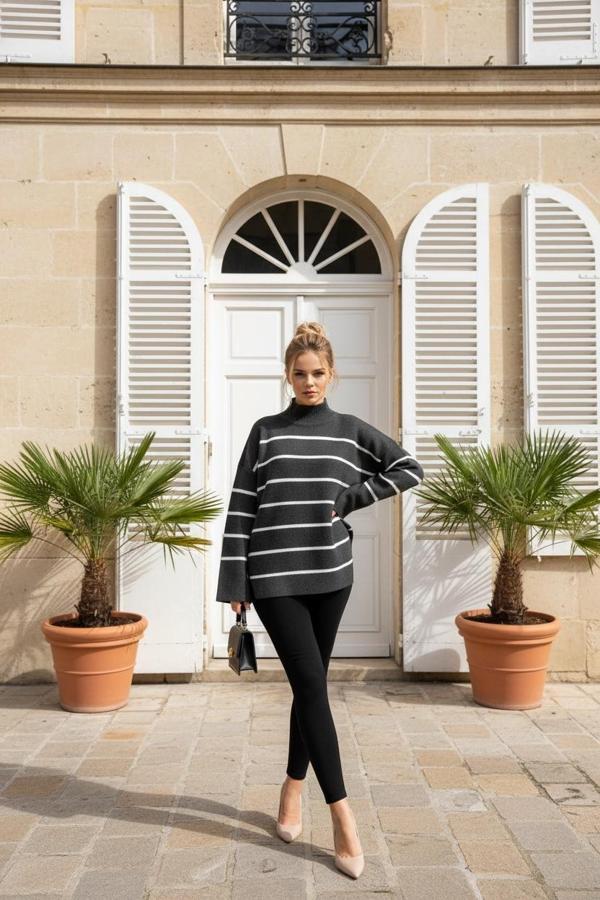 BİÇOMİ Çizgili ispanyol kol triko boğazlı kazak antrasit elf - Image 1