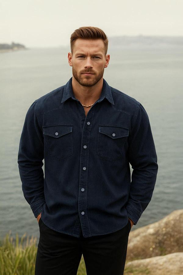 Erkek Rahat Kesim Esnek Lacivert Jean Gömlek - Image 1