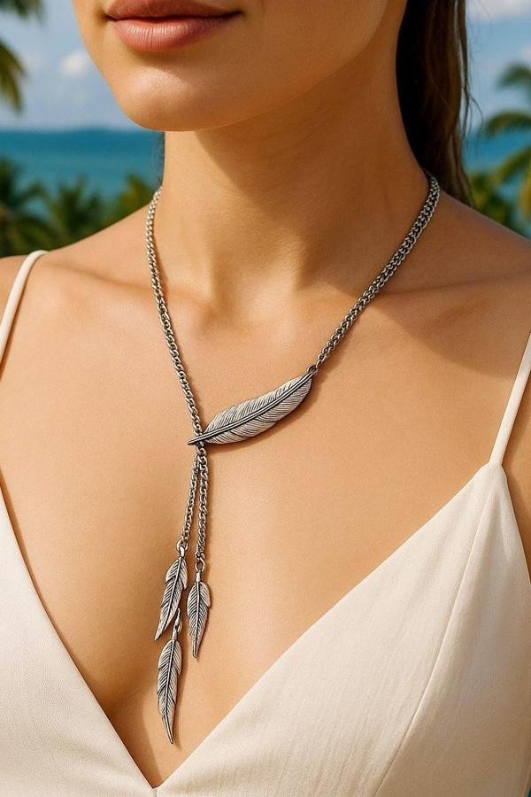 Tüyler Şekilli Kadın Kolye Gümüş Kaplama El Yapımı Ayarlanabilir Kolye - Image 1