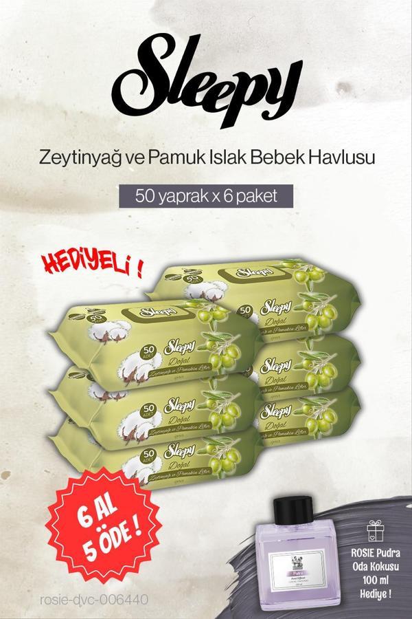 Sleepy 50'li Zeytinyağ ve Pamuklu Bebe Islak Havlu 6 AL 5 ÖDE, Rosie Pudra Oda Kokusu - Image 1