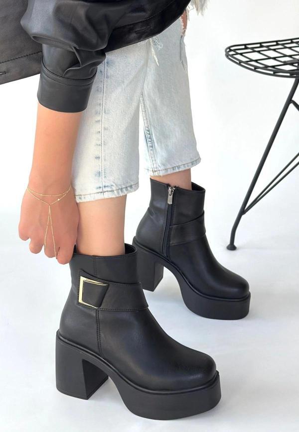 Lonji Siyah Cilt Topuklu Bot - Image 1