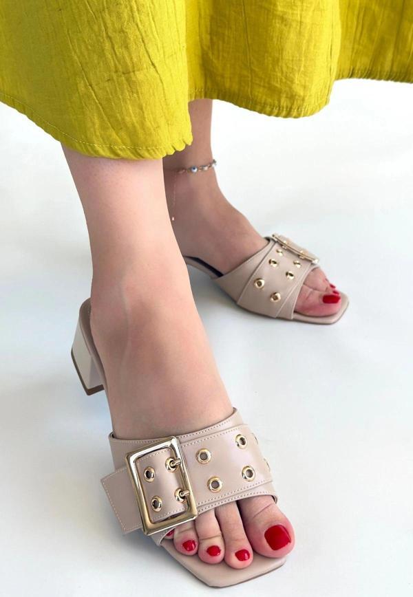 Ciey Bej Cilt Topuklu Terlik - Image 1