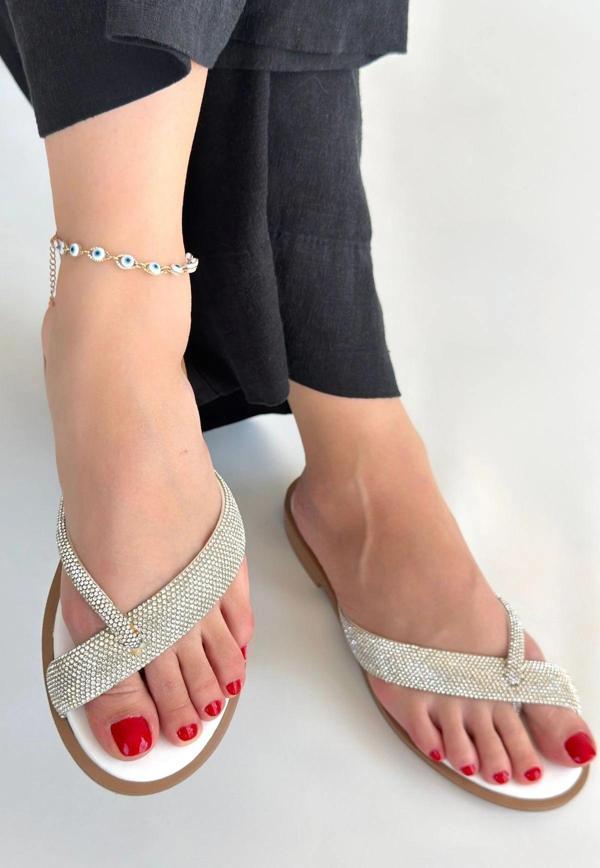 Eday Gümüş Boncuk İşlemeli Terlik - Image 1