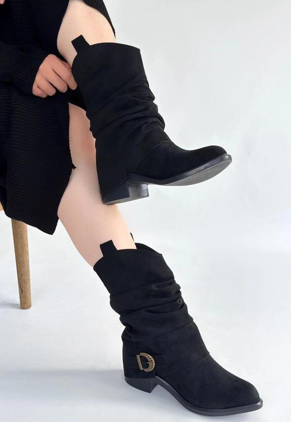 Canty Siyah Süet Körüklü Topuklu Çizme - Image 1