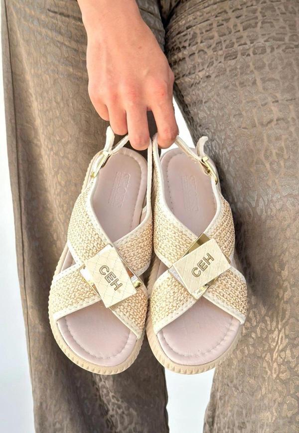 Cate Bej Hasır Cilt Sandalet - Image 1