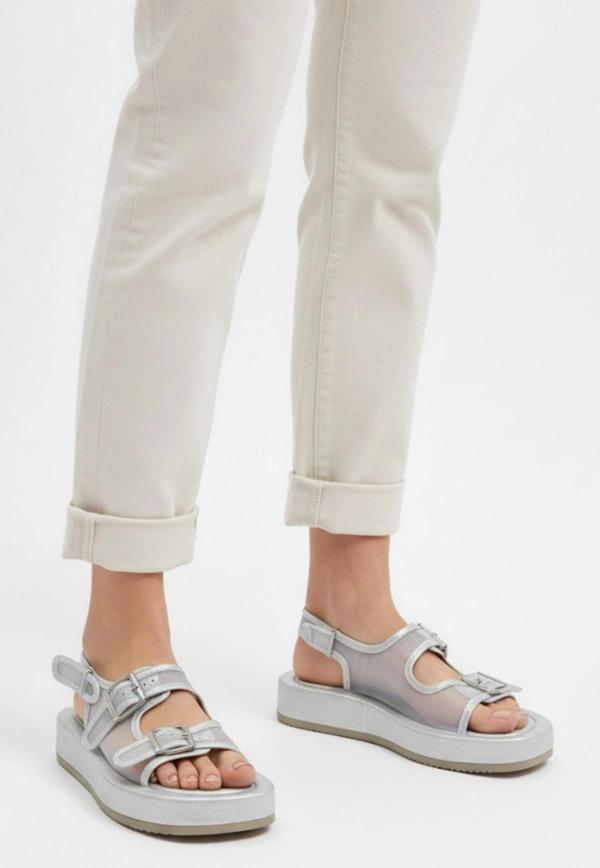 Sinna Gümüş Cilt Tül Detaylı Sandalet - Image 1