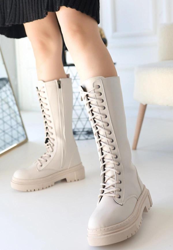 Mennd Bej Cilt Bağcıklı Çizme - Image 1