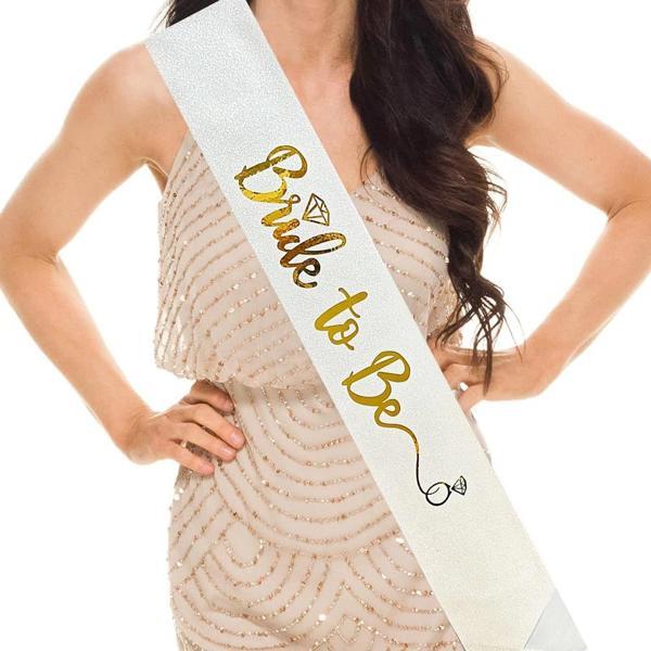 Beyaz Üzeri Altın İtalik Alyanslı Bride To Be Yazılı Simli Işıltılı Kuşak Kemer 10 cm Genişlik (5365 - Image 1