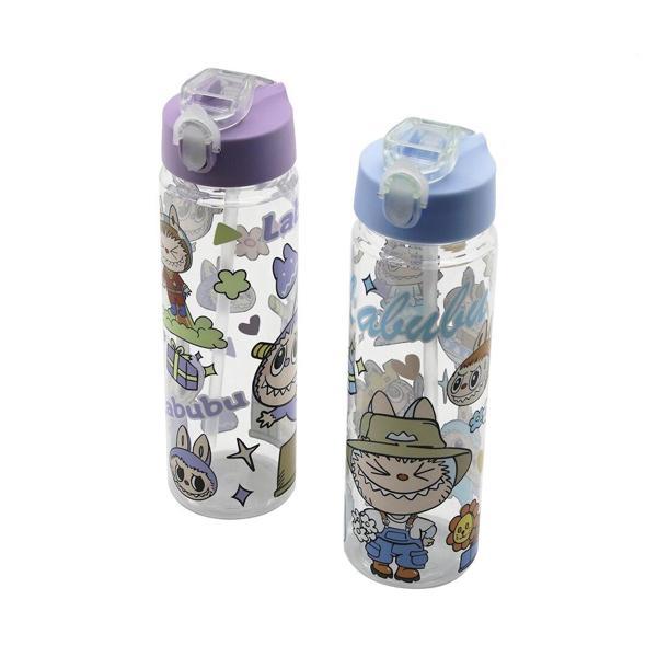 LABUBU ÇOCUK ÇİZGİ FİLM KARAKTER RESİMLİ SU MATARASI ŞEFFAF PLASTİK PİPETLİ KİLİTLİ KAPAK (5365) - Image 1