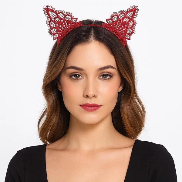 Dantelli Kırmızı Kedi Tacı - Vintage Tarz Dantel Kedi Kulak (5365) - Image 1