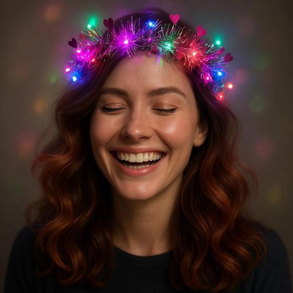 Kalp Püsküllü Gece Parıltısı 3 Modlu LED'li Işıklı Taç Fuşya Renk (5365) - Image 1