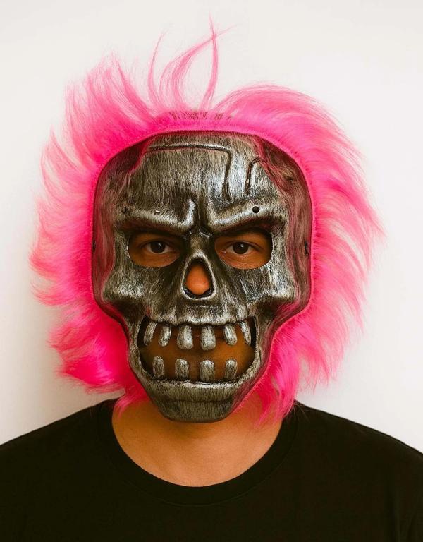Wild Skull - Gümüş Kafatası Pembe Saçlı İskelet Maske (5365) - Image 1