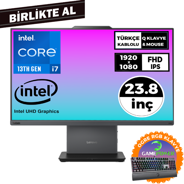 Lenovo ThinkCentre Neo 50a i7-13620H 16GB 512GB SSD 23.8" Fdos AIO+Gaming Klavye 12SC000KTR 048 - Image 1