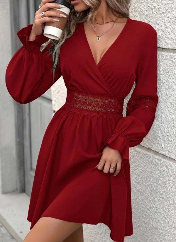 MDB Kadın Uzun Kollu Kruvaze Yakalı Dantelli Fermuar Detaylı Mini Ithal Krep Elbise - Image 1