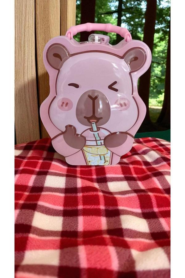 Famemus Accessory Sevimli Capybara Kilitli Metal Kumbara Pembe 20 Cm Şeffaf Kutulu - Image 1