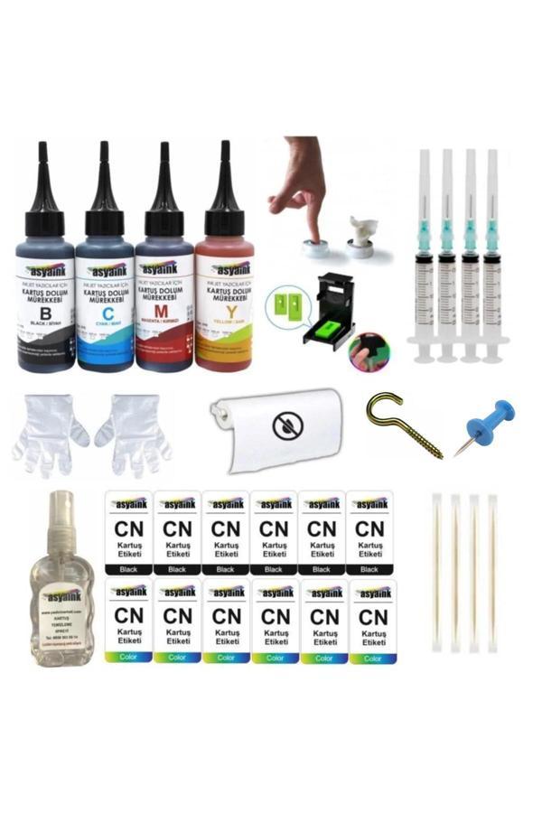 12 Etiketli - Canon E414 E474 E464 E484 Uyumlu 4 Renk Kartuş Dolum Seti 4x100ml - Image 1