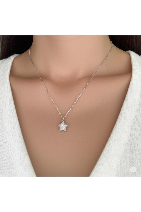 Famemus Accessory 316L Çelik Zirkon Taşlı Yıldız Model Gümüş Renk Kadın Kolye(10352) - Image 1
