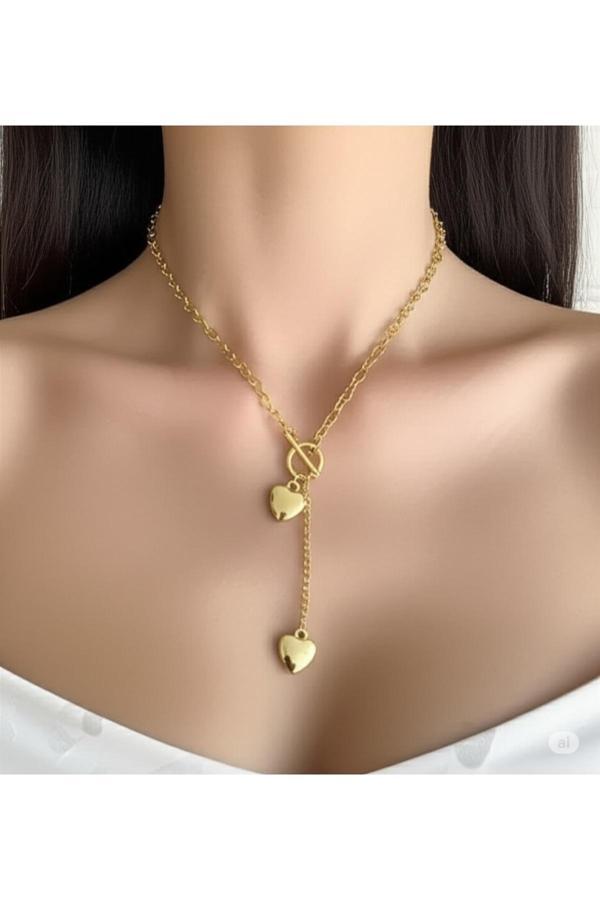 Famemus Accessory Çift Kalpli Zincir Detaylı Kadın Kolye - Image 1