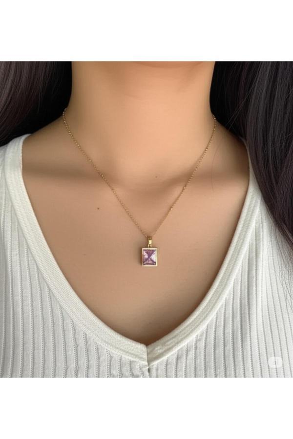 Famemus Accessory Çelik Zincir Mor Taşlı Dikdörtgen Kolye - Kadın Takı - Image 1