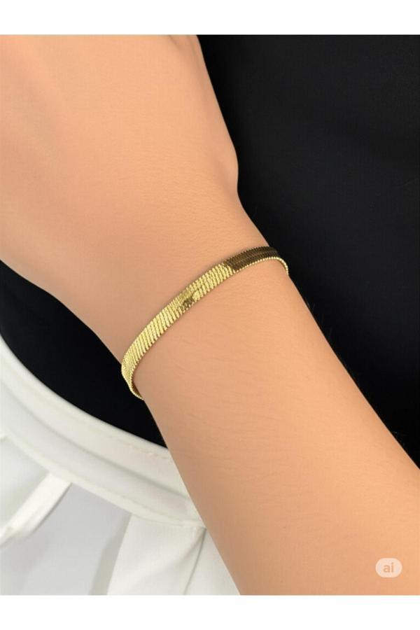 Famemus Accessory Çelik Gold Yassı Zincir Bileklik - Image 1