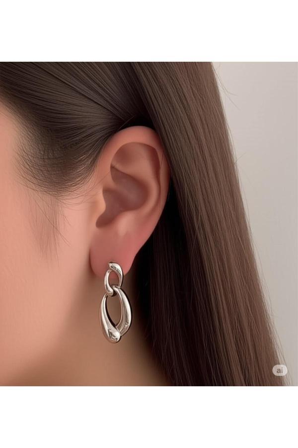 Famemus Accessory Dolamalı İkiz Kavis Sallantılı Çelik Küpe. - Image 1