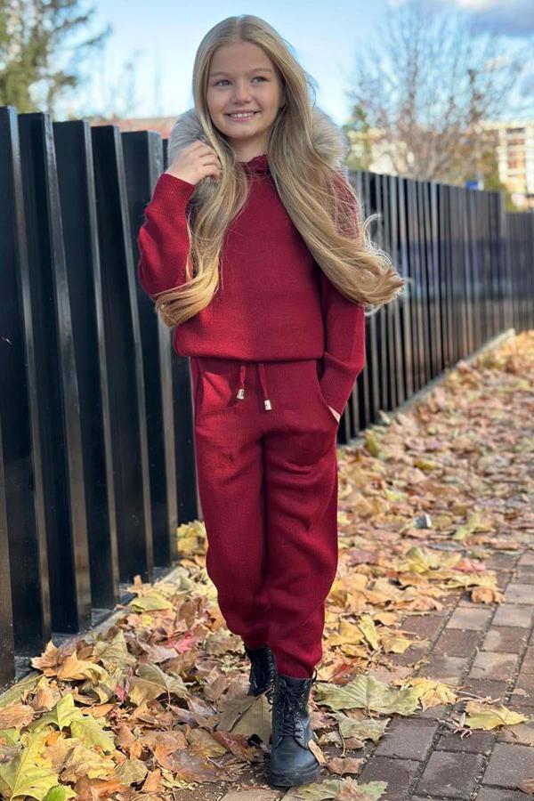 Kız Çocuk Yakası Çıkarılabilir Kürklü Kazak Çift Cepli Triko Bordo Alt Üst Takım - Image 1