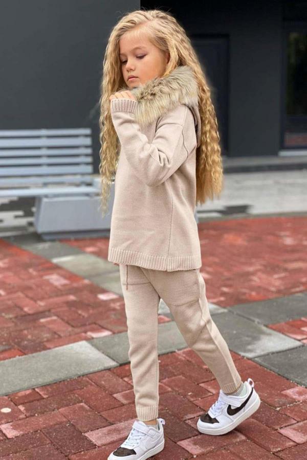 Kız Çocuk Yakası Çıkarılabilir Kürklü Kazak Çift Cepli Triko Ekru Alt Üst Takım - Image 1