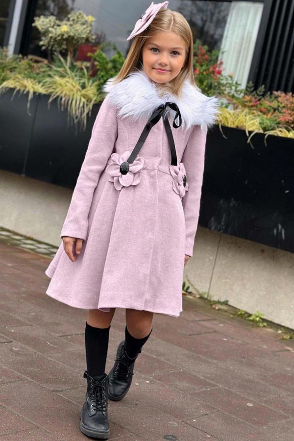 Kız Çocuk Kürk Yakalı Önü Çiçek Ve Elmas Taş Detaylı Pudra Kaşe - Image 1
