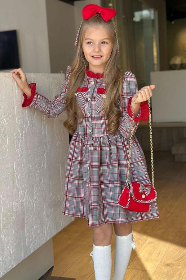 Kız Çocuk Yakası ve Kolları Fırfırlı Üzeri Boydan Düğme ve Ekose Detaylı Kırmızı Elbise - Image 1