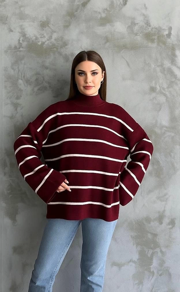 Çizgili ispanyol kol triko boğazlı kazak bordo elf - Image 1