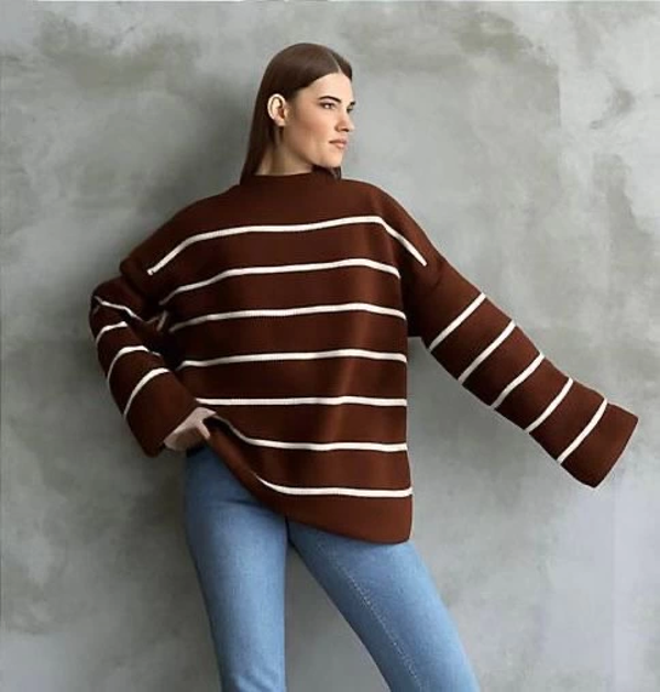 Çizgili ispanyol kol triko boğazlı kahve beyaz elf - Image 1
