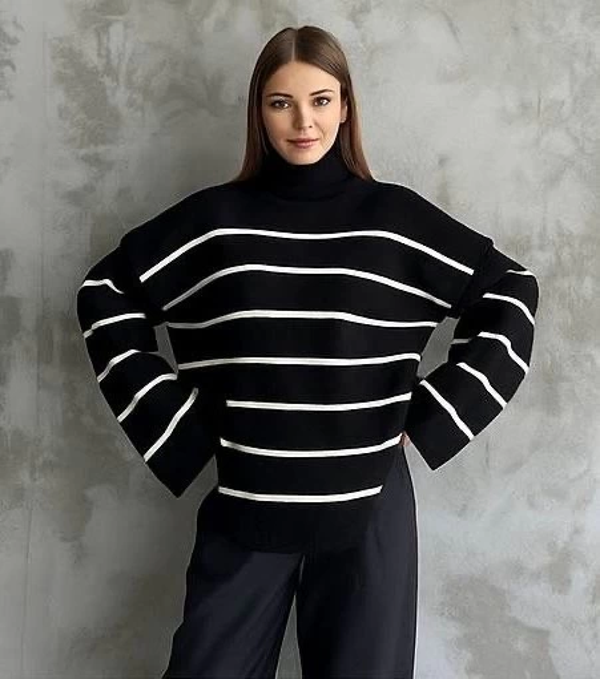Çizgili ispanyol kol triko boğazlı kazak siyah elf - Image 1