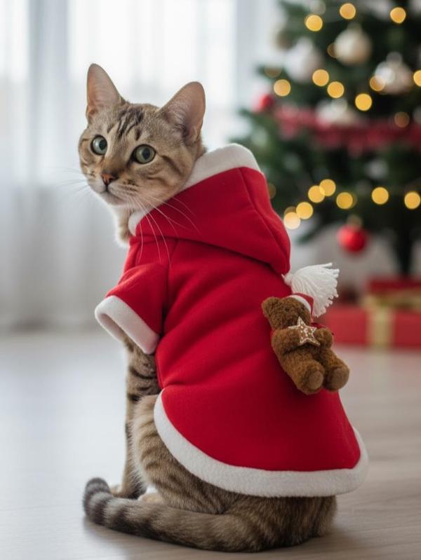 Teddy Amca Kırmızı Xmas Kedi Kıyafeti | Kapüşonlu Polar Noel Sweatshirt | Küçük Irklar İçin - Image 1