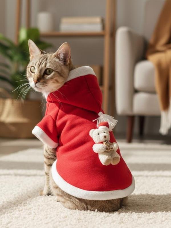 Bear Snow Kırmızı Xmas Kedi Kıyafeti | Kapüşonlu Polar Noel Sweatshirt | Küçük Irklar İçin - Image 1