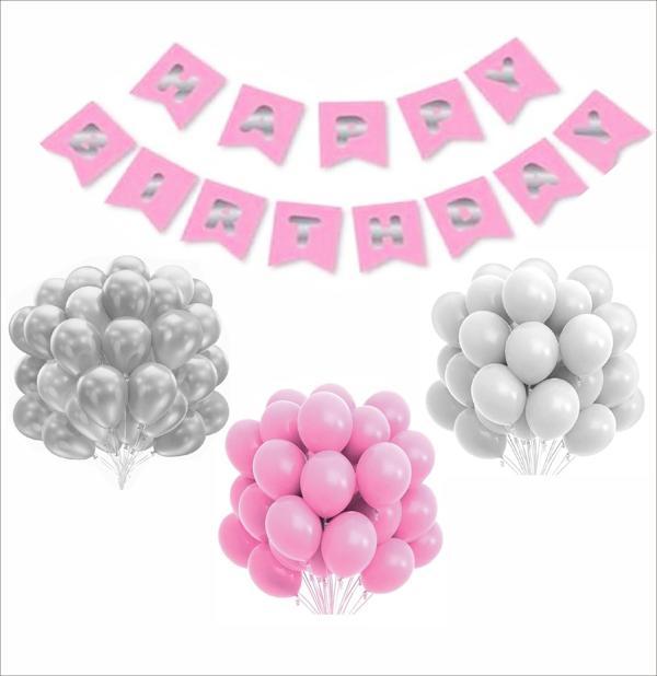 Pembe Gümüş Beyaz Balon-Banner Seti - Image 1