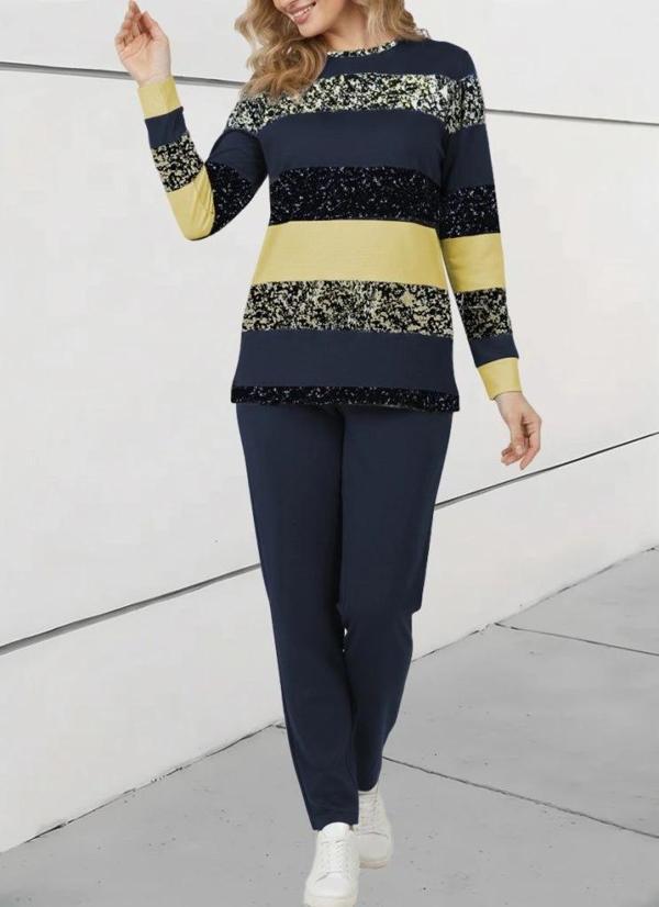 MDB Kadın Uzun Kollu Bisiklet Yaka çizgili Desen Iki Iplik Bluz Ve Pantolon Ikili Takım - Image 1
